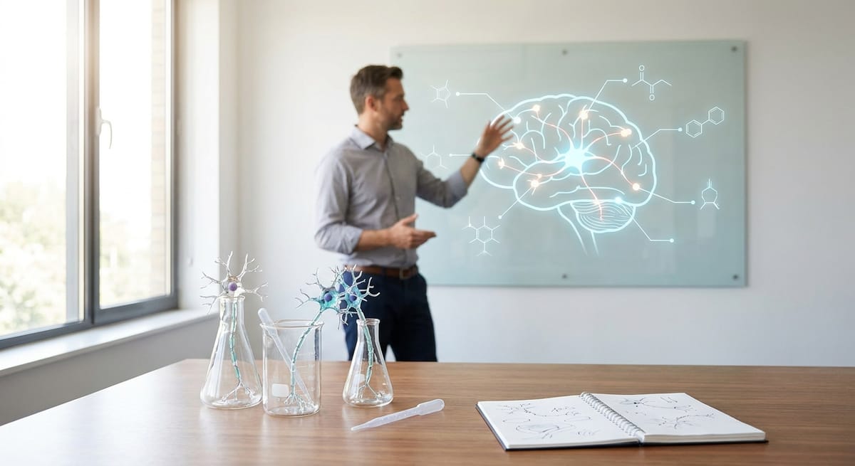 Researcher presenting a glowing brain diagram on a glass board, with neuron models on the desk