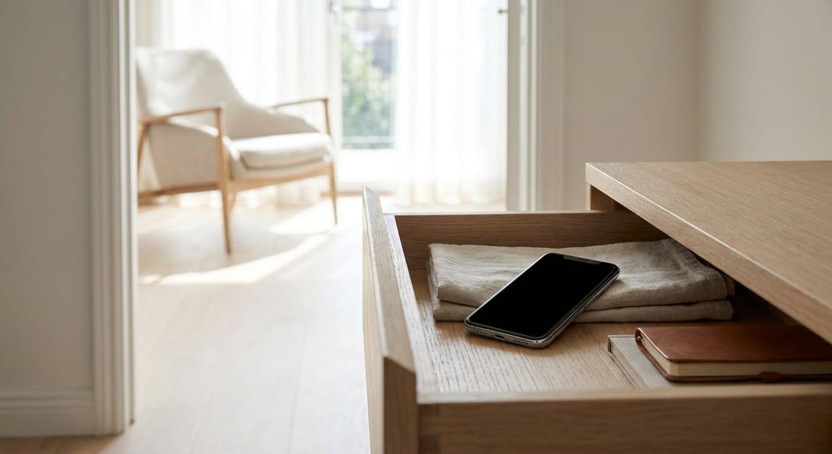 A phone placed in a drawer in another room to reduce the cue for checking