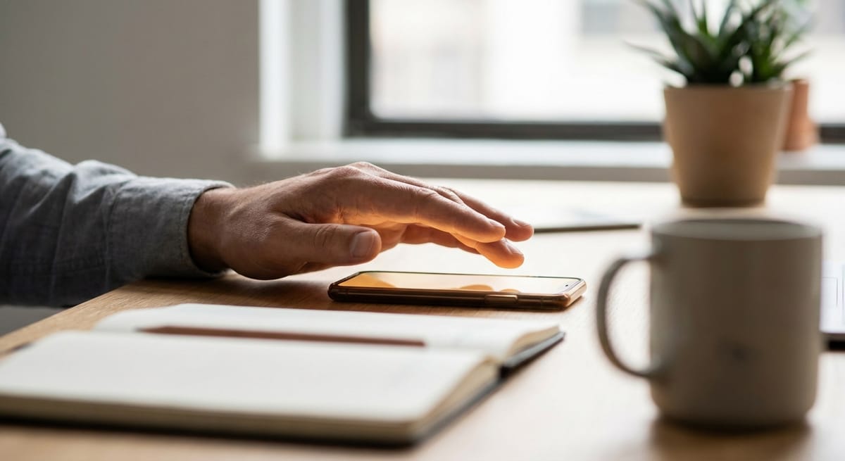 How to stop phone distraction illustrated by a hand reaching for a glowing phone on a desk