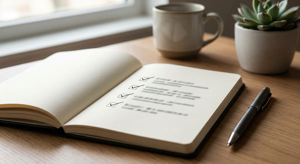 Notebook with a ticked checklist, representing an audit of if-then plan design flaws