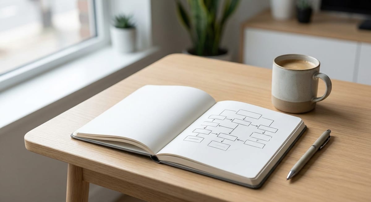 Hand-drawn planning flowchart sketched in an open notebook beside a cup of coffee