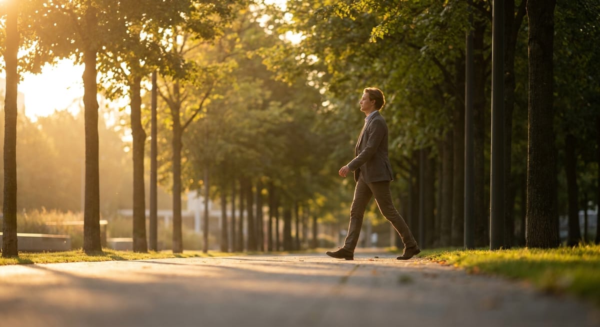 Person walking outdoors in early morning sunlight to set their circadian rhythm