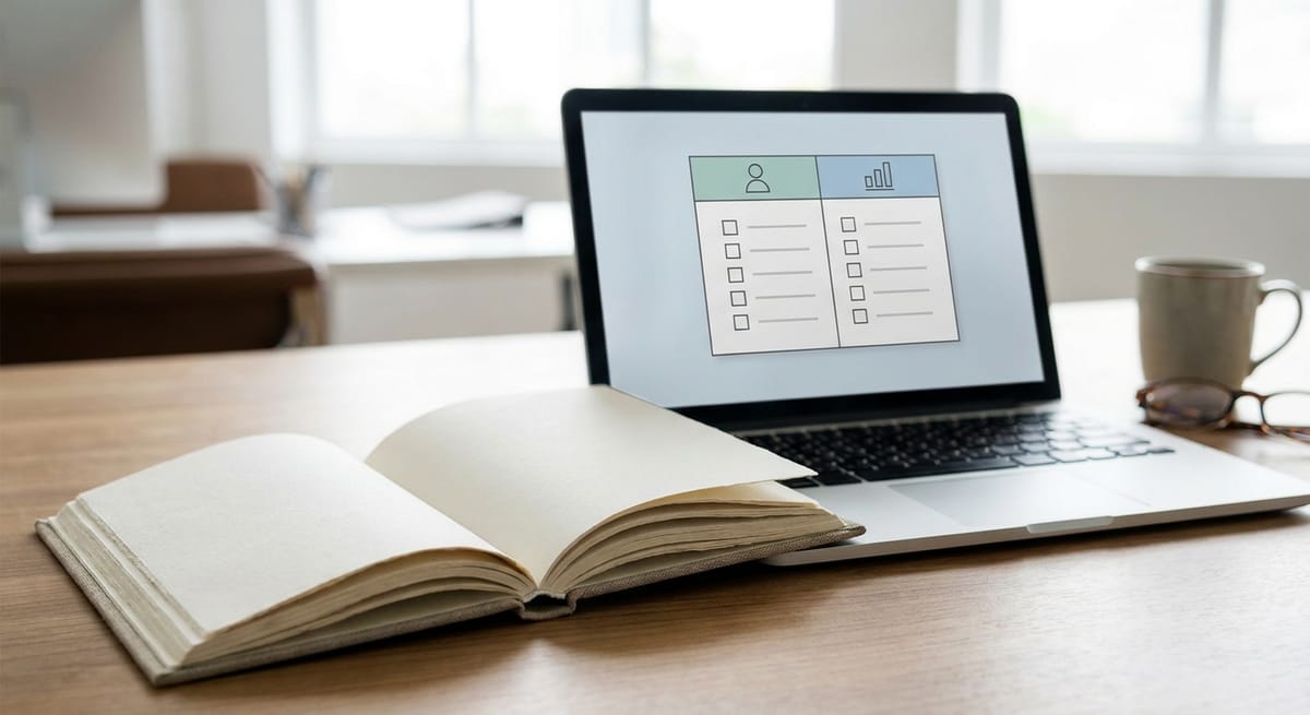 A journal open beside a laptop showing an evidence inventory exercise for overcoming imposter syndrome