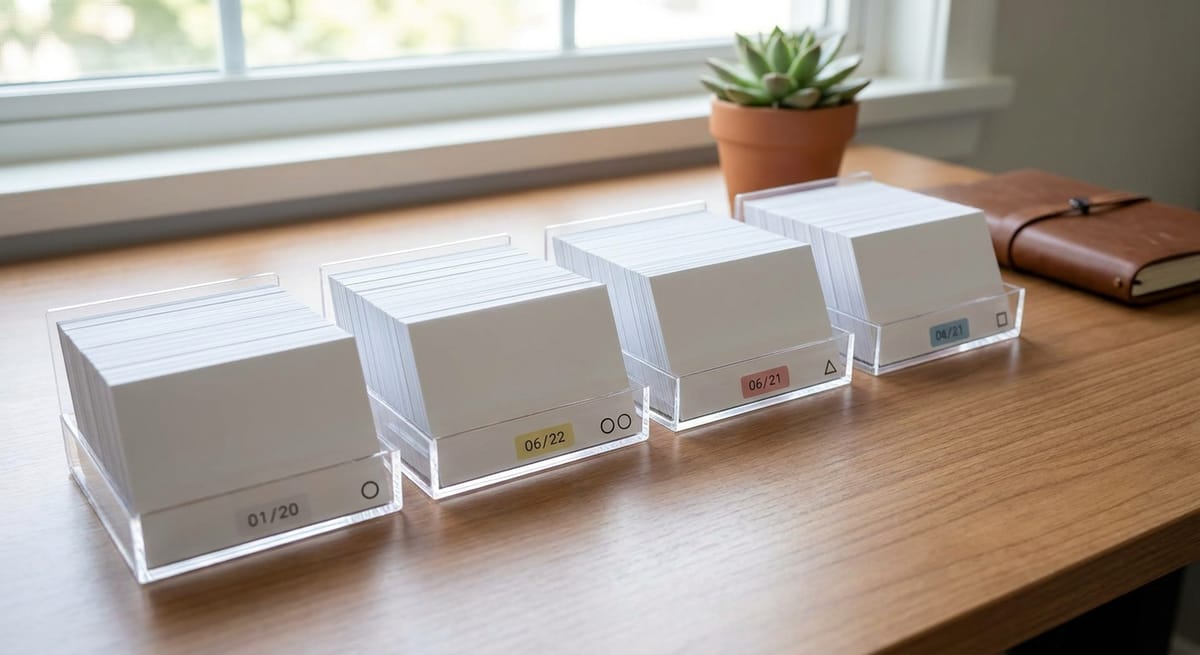 Spaced repetition flashcard schedule showing widening review intervals over time