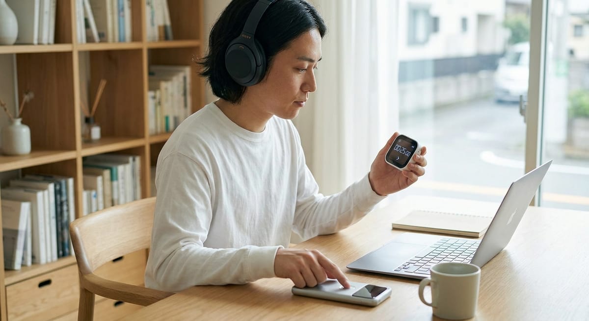 person using a timer and headphones as an ignition ritual to overcome procrastination